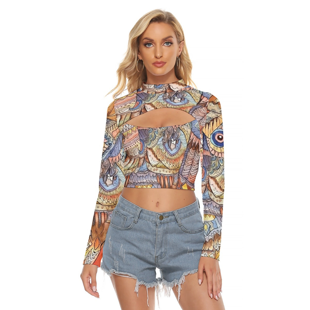 All-Over Print Women's Hollow Chest Keyhole Tight Crop Top