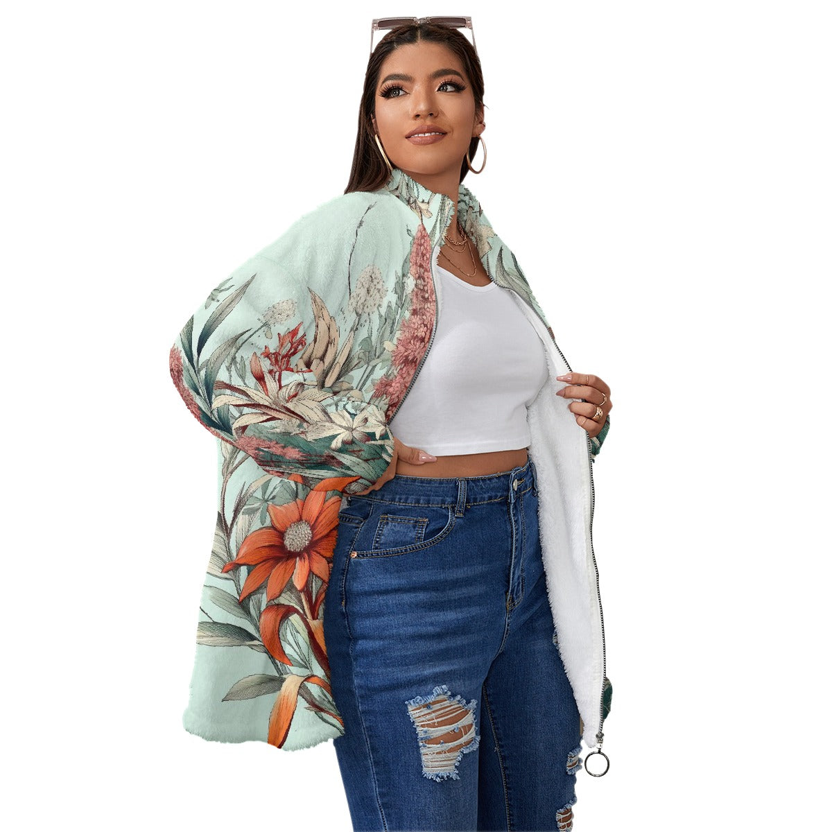 All-Over Print Unisex Borg Fleece Stand-up Collar Coat With Zipper Closure(Plus Size)