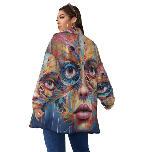 All-Over Print Unisex Borg Fleece Stand-up Collar Coat With Zipper Closure(Plus Size)