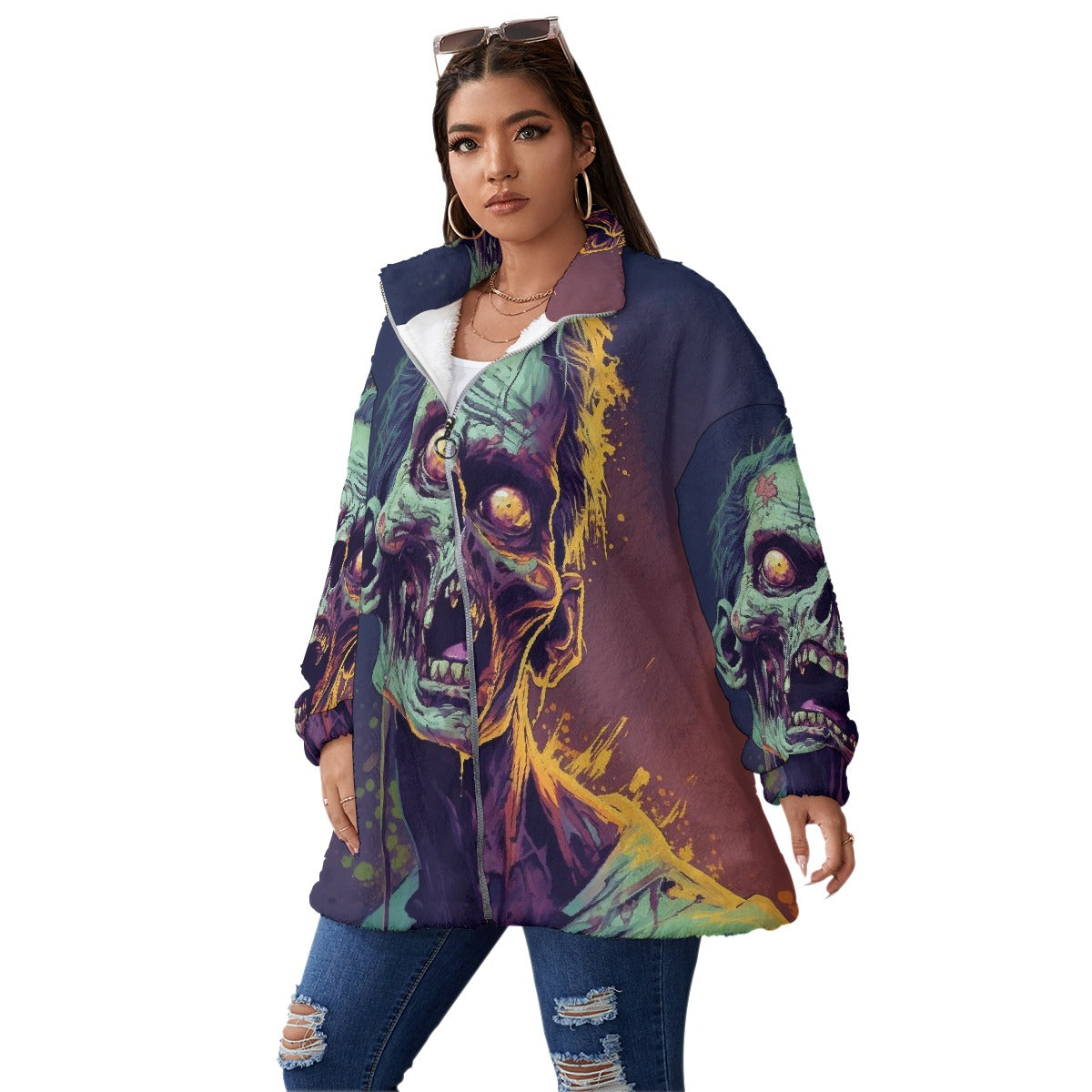 All-Over Print Unisex Borg Fleece Stand-up Collar Coat With Zipper Closure(Plus Size)