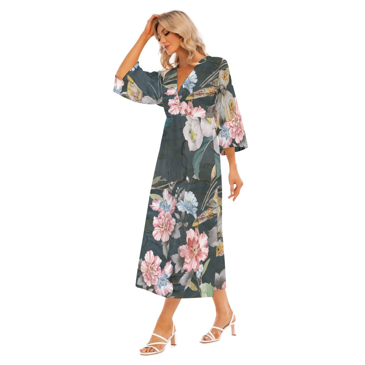 All-Over Print Women's Mid-Sleeve Long Dress