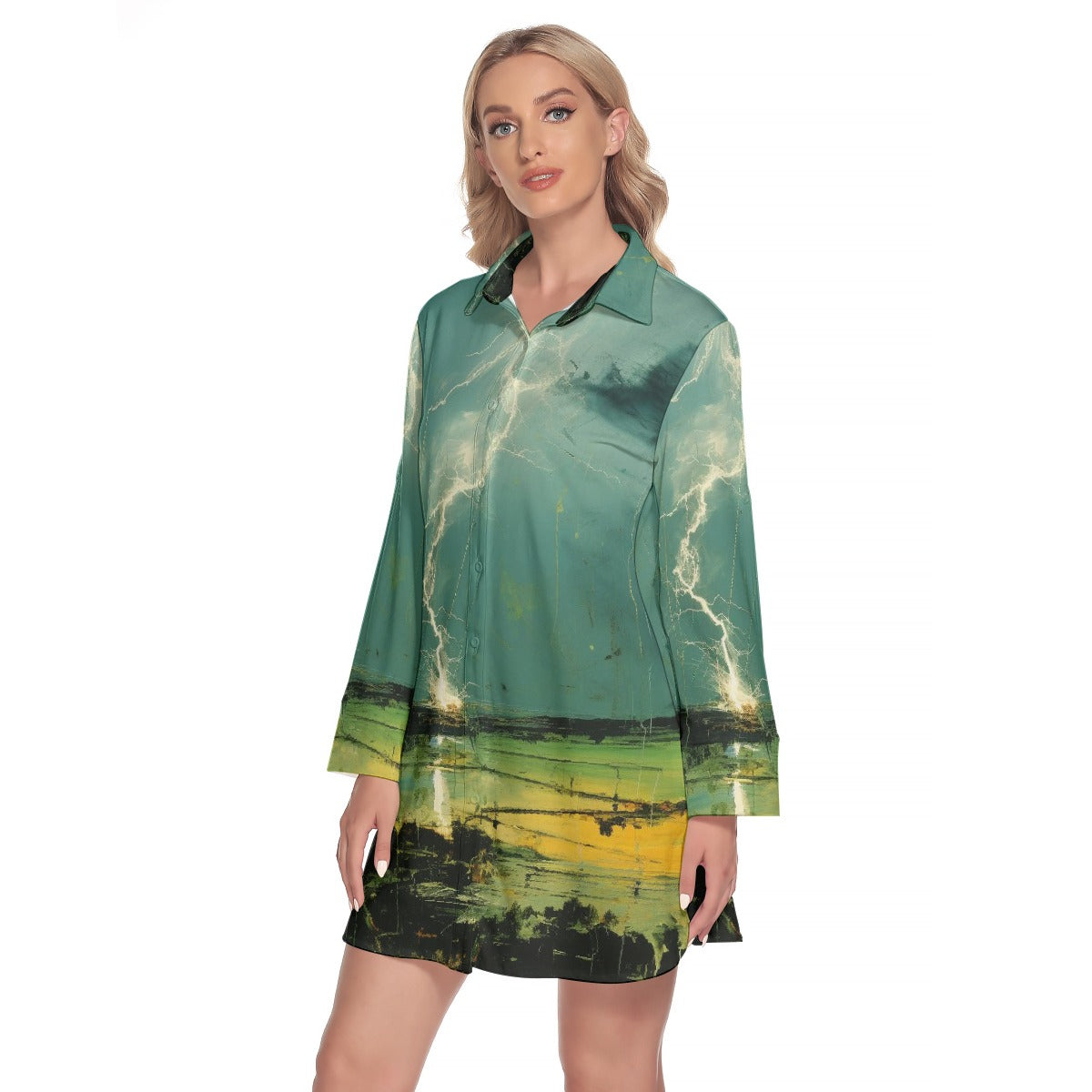 All-Over Print Women's Lapel Shirt Dress With Long Sleeve