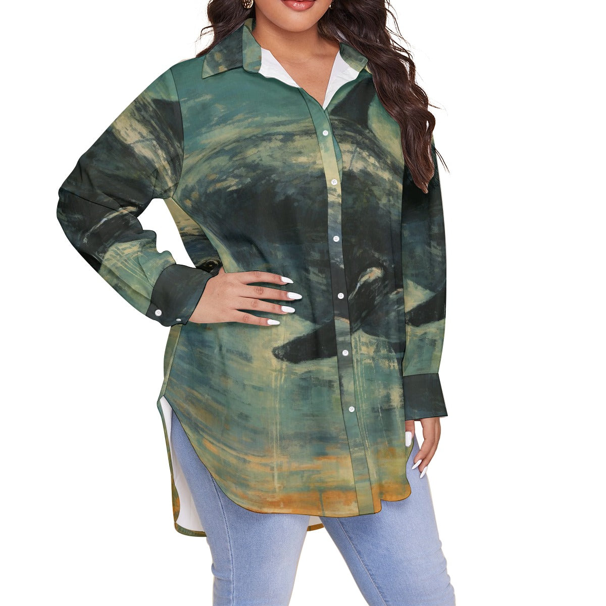 All-Over Print Women's Shirt With Long Sleeve(Plus Size)