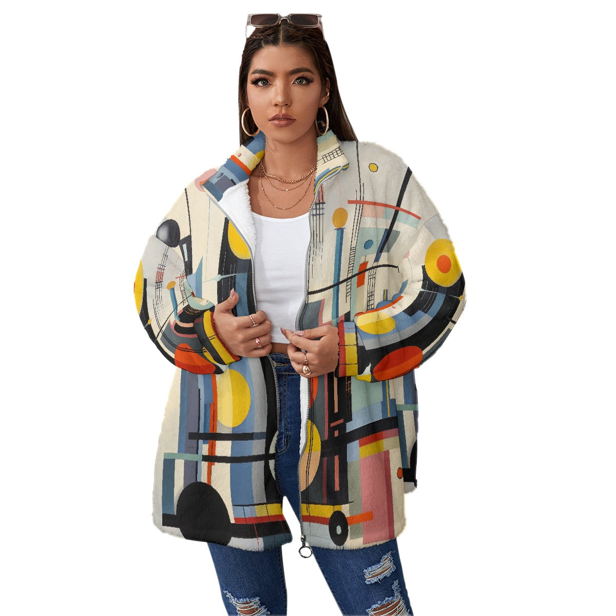 All-Over Print Unisex Borg Fleece Stand-up Collar Coat With Zipper Closure(Plus Size)