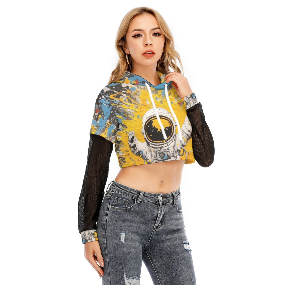 All-Over Print Women's Fake Two-piece Mesh Sleeve Cropped Hoodie