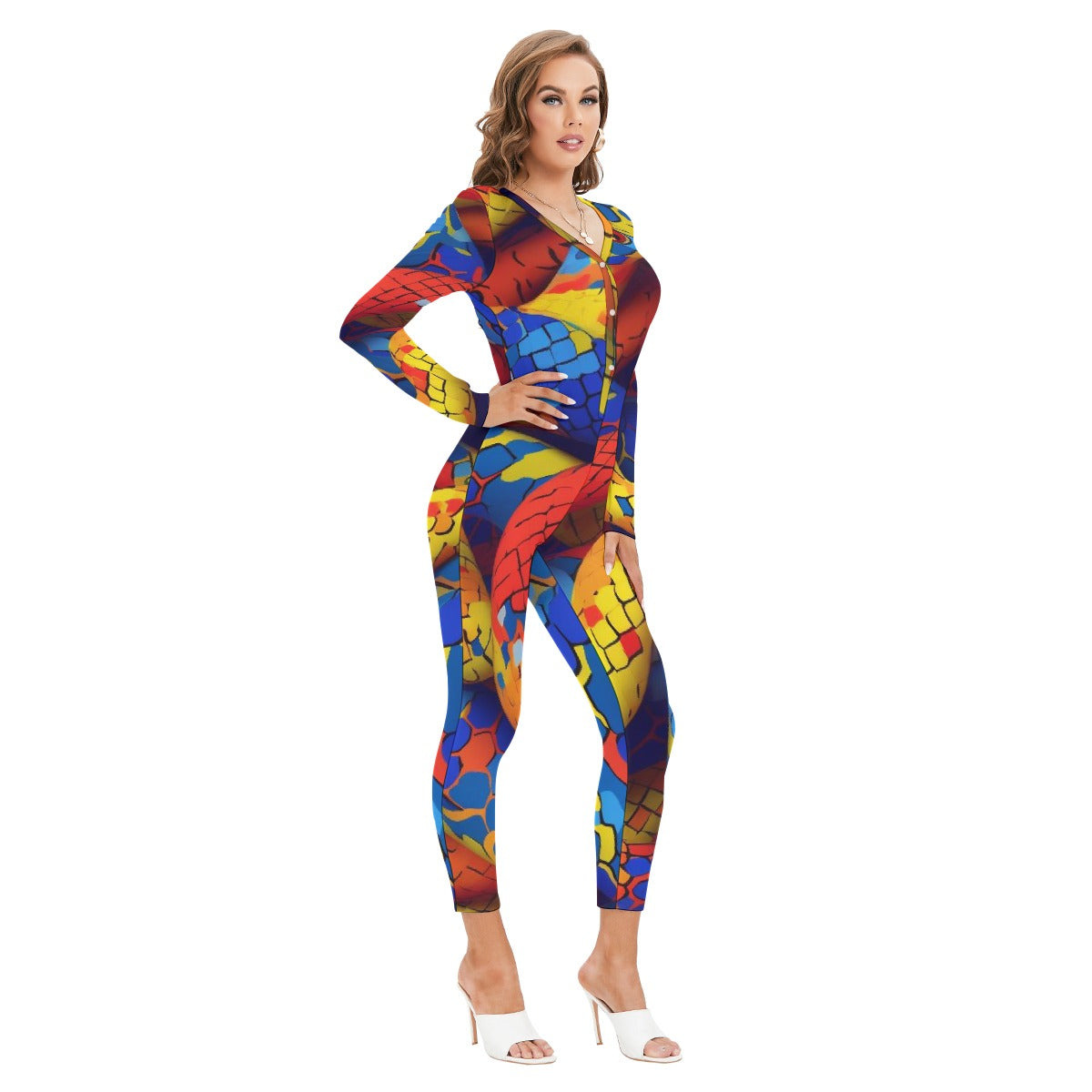 All-Over Print Women's Plunging Neck Jumpsuit
