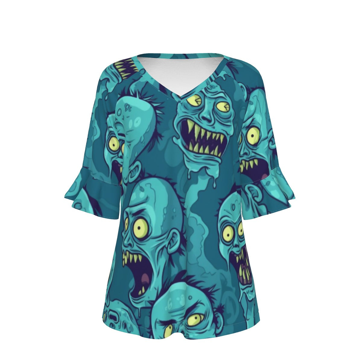 All-Over Print V-neck Women's T-shirt With Bell Sleeve