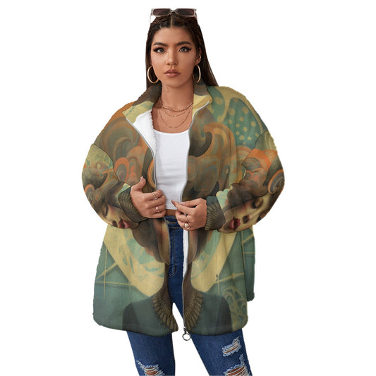 All-Over Print Unisex Borg Fleece Stand-up Collar Coat With Zipper Closure(Plus Size)