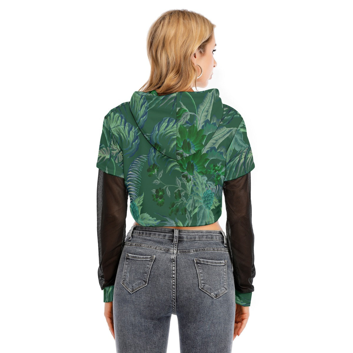 All-Over Print Women's Fake Two-piece Mesh Sleeve Cropped Hoodie