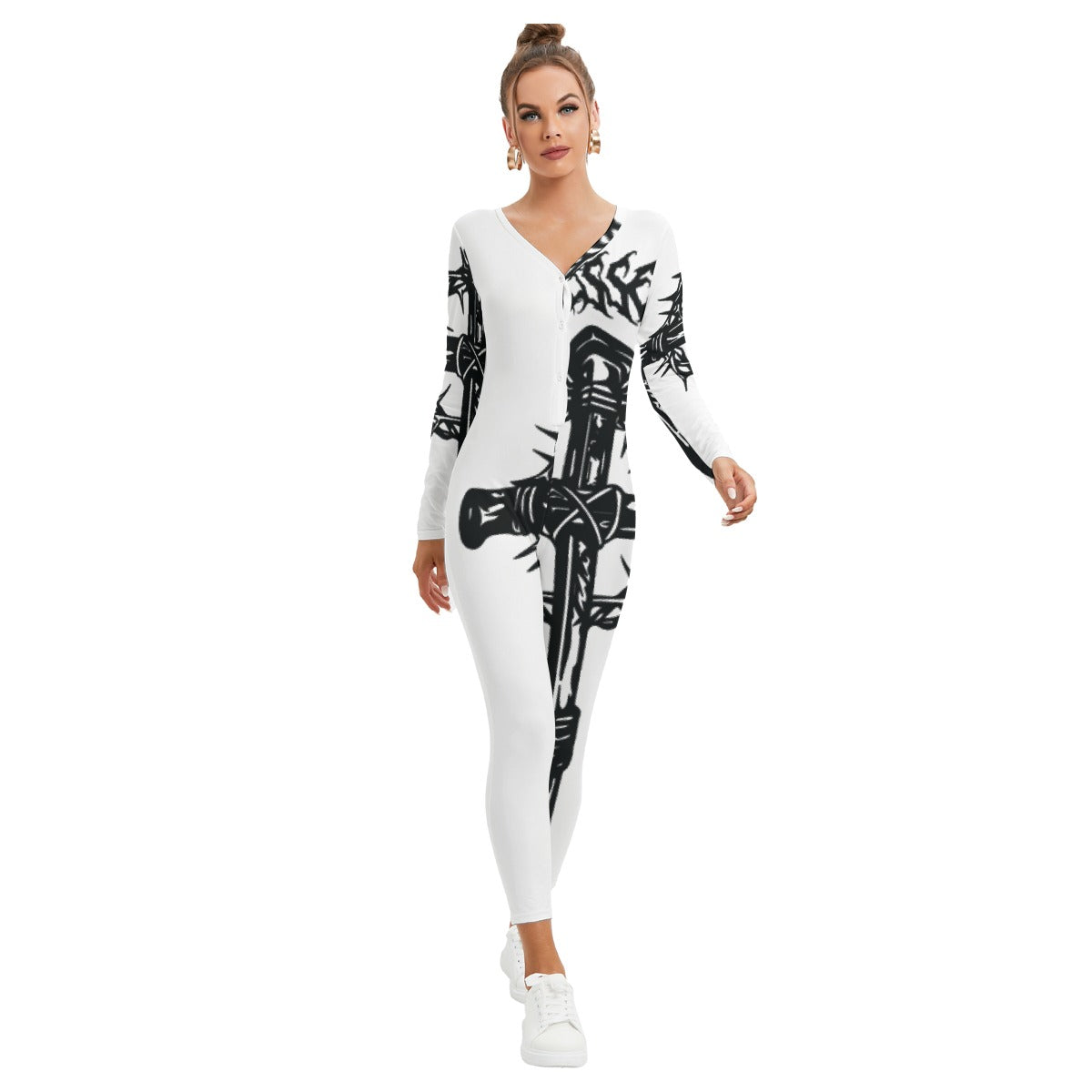 All-Over Print Women's Plunging Neck Jumpsuit
