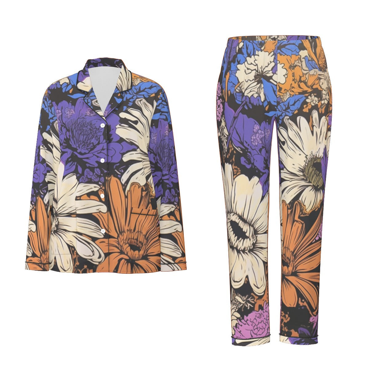 All-Over Print Women's Long Sleeve Pajama Set With Black Contrast Piping