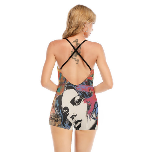 All-Over Print Women's Backless Romper With Black Straps
