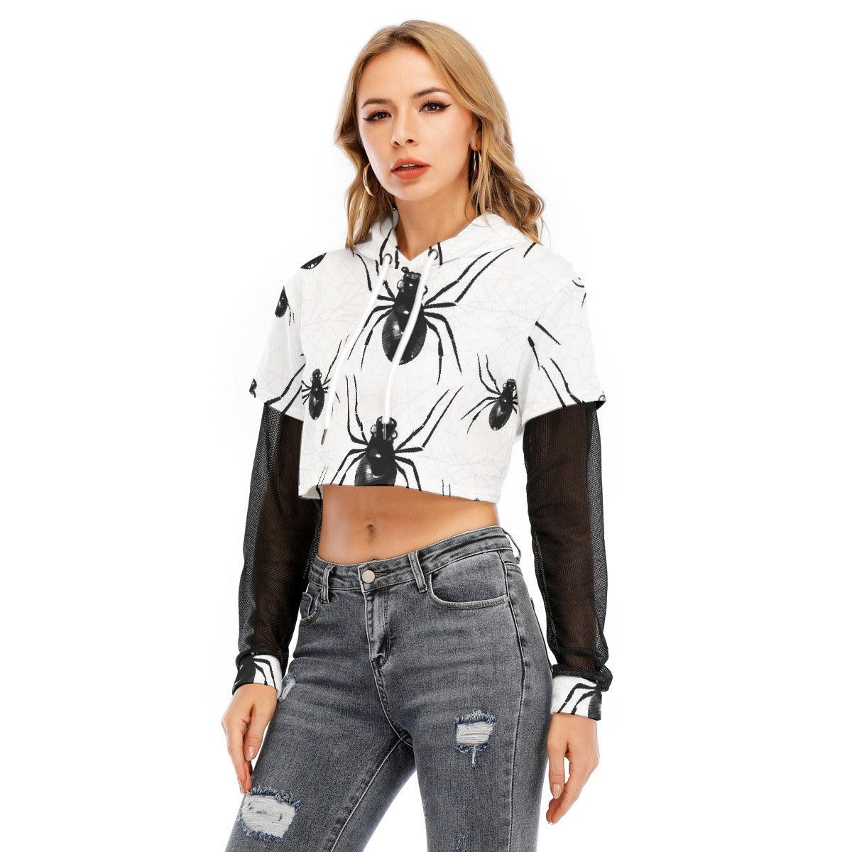 All-Over Print Women's Fake Two-piece Mesh Sleeve Cropped Hoodie