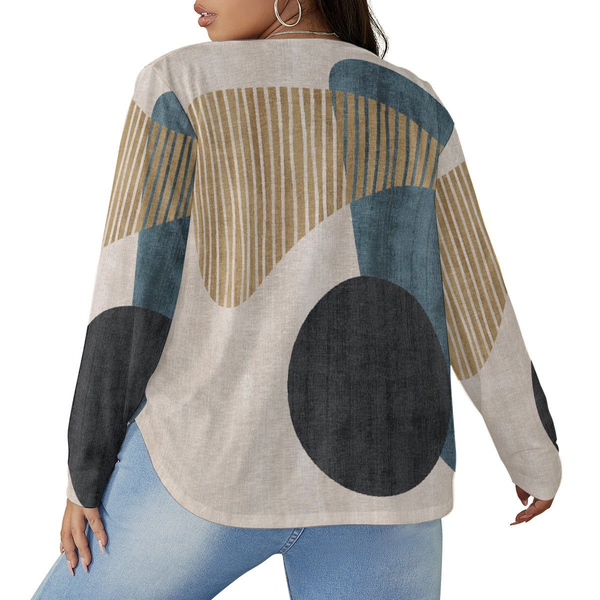 All-Over Print Women's V-neck T-shirt With Curved Hem(Plus Size)