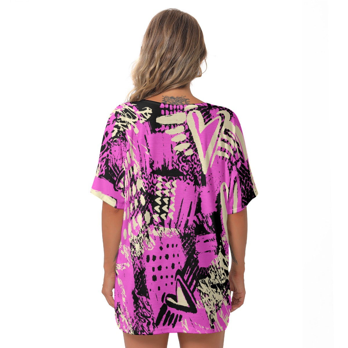 All-Over Print Women's Bat Sleeves V-Neck Blouse