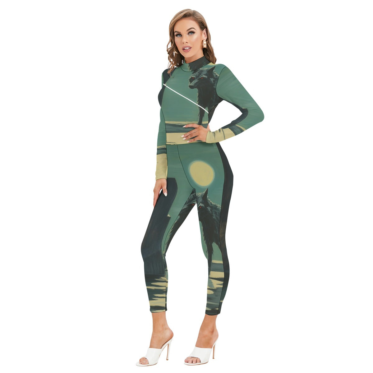 All-Over Print Women's Long-sleeved High-neck Jumpsuit With Zipper