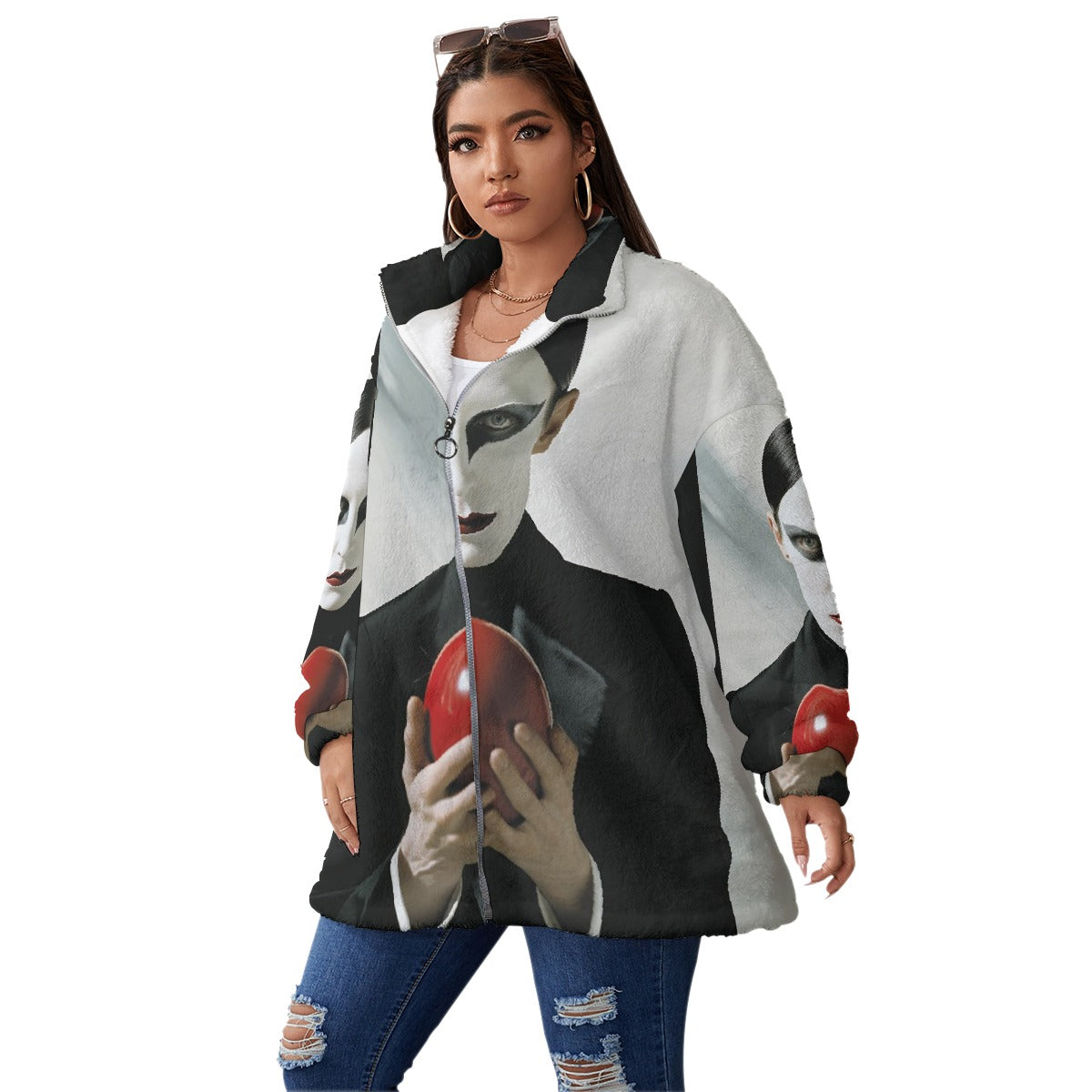 All-Over Print Unisex Borg Fleece Stand-up Collar Coat With Zipper Closure(Plus Size)