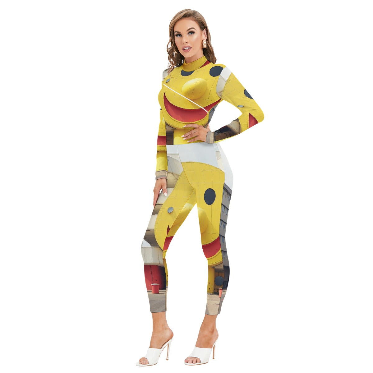 All-Over Print Women's Long-sleeved High-neck Jumpsuit With Zipper