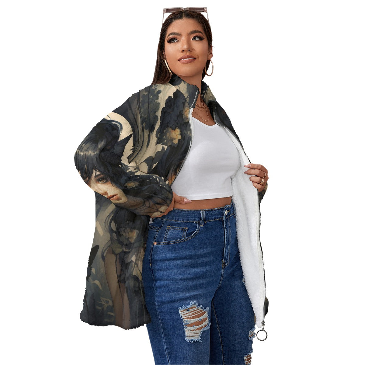 All-Over Print Unisex Borg Fleece Stand-up Collar Coat With Zipper Closure(Plus Size)