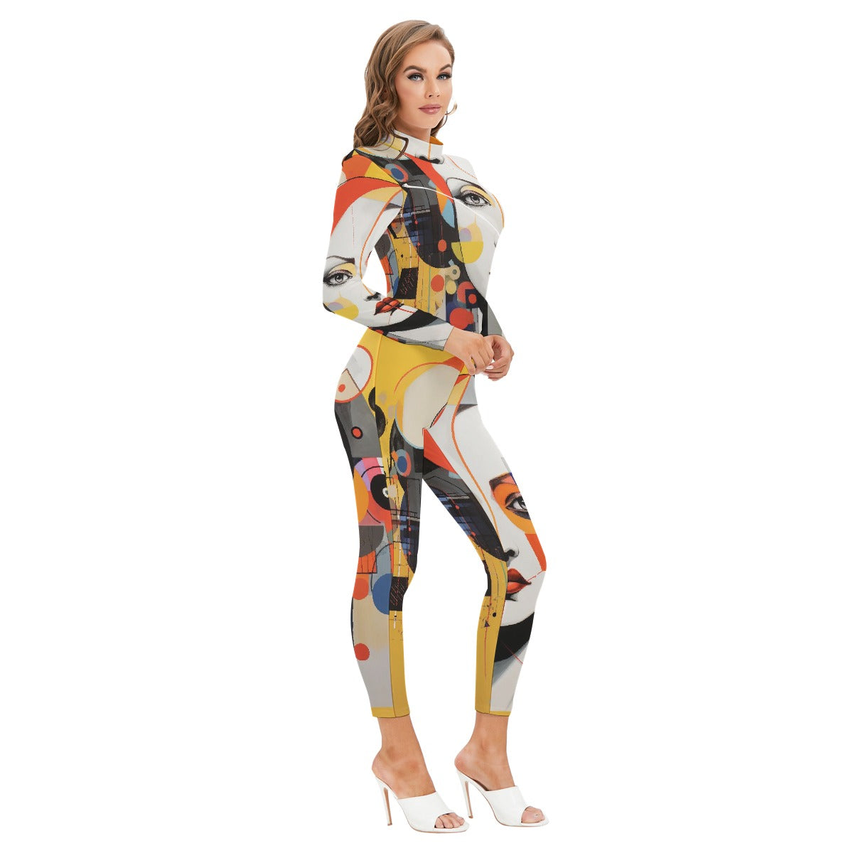 All-Over Print Women's Long-sleeved High-neck Jumpsuit With Zipper
