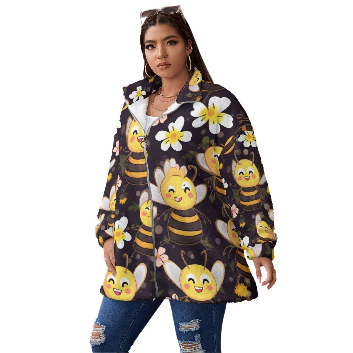 All-Over Print Unisex Borg Fleece Stand-up Collar Coat With Zipper Closure(Plus Size)