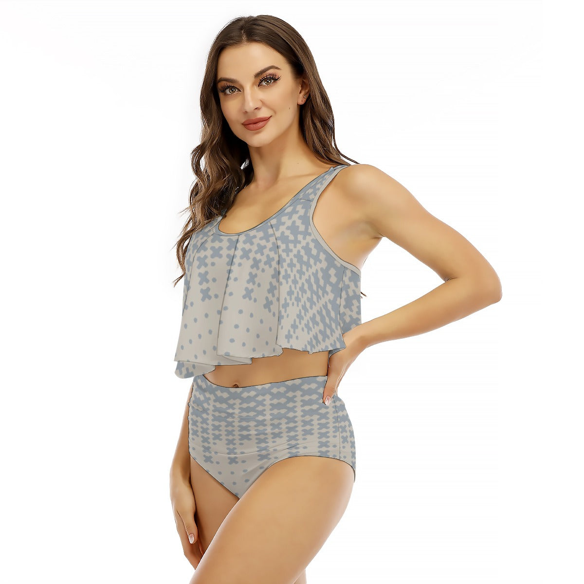 All-Over Print Women's Ruffled Vest Bikini Swimsuit