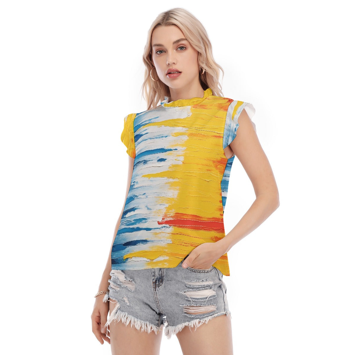 All-Over Print Women's Blouse With Ruffle Collar And Sleeve