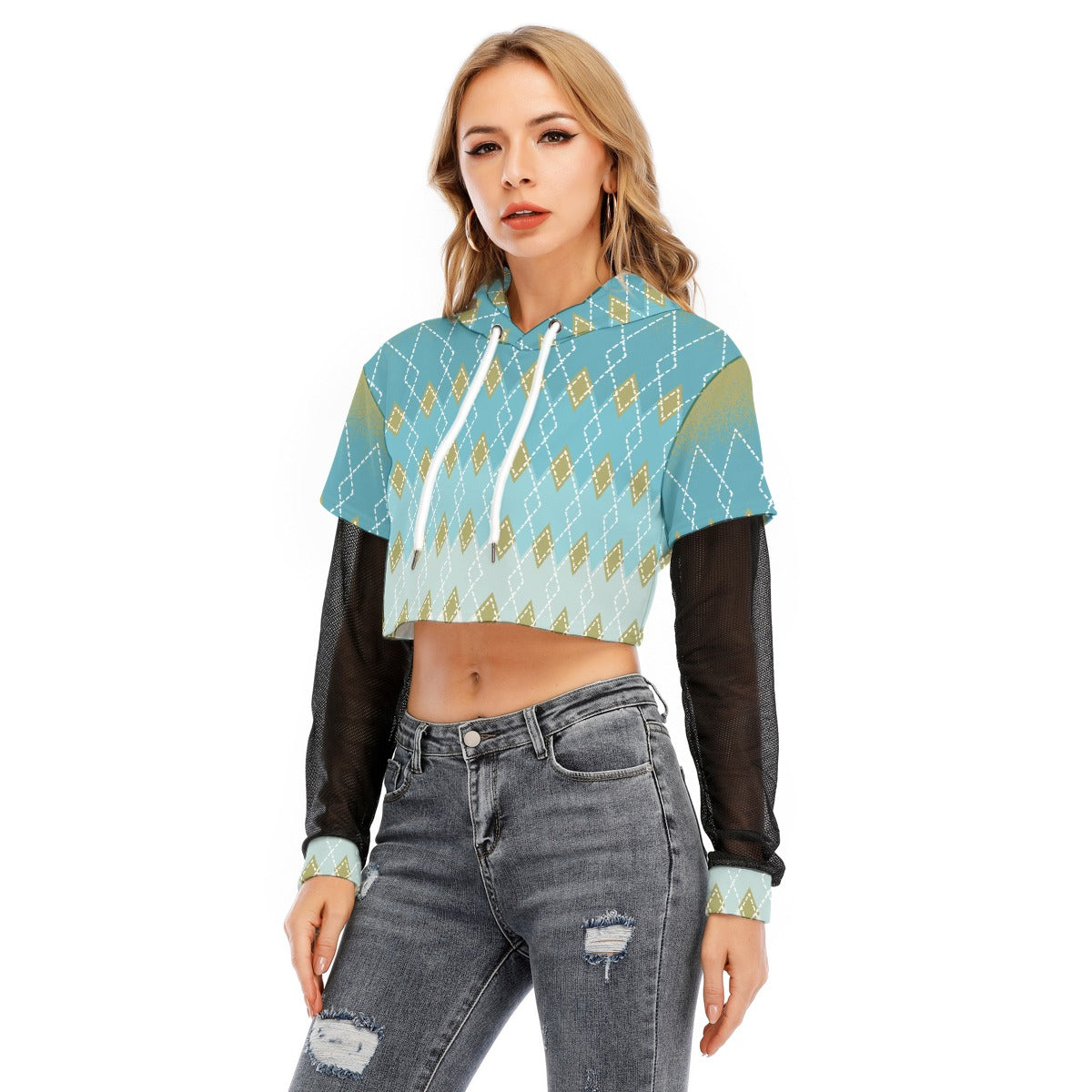All-Over Print Women's Fake Two-piece Mesh Sleeve Cropped Hoodie