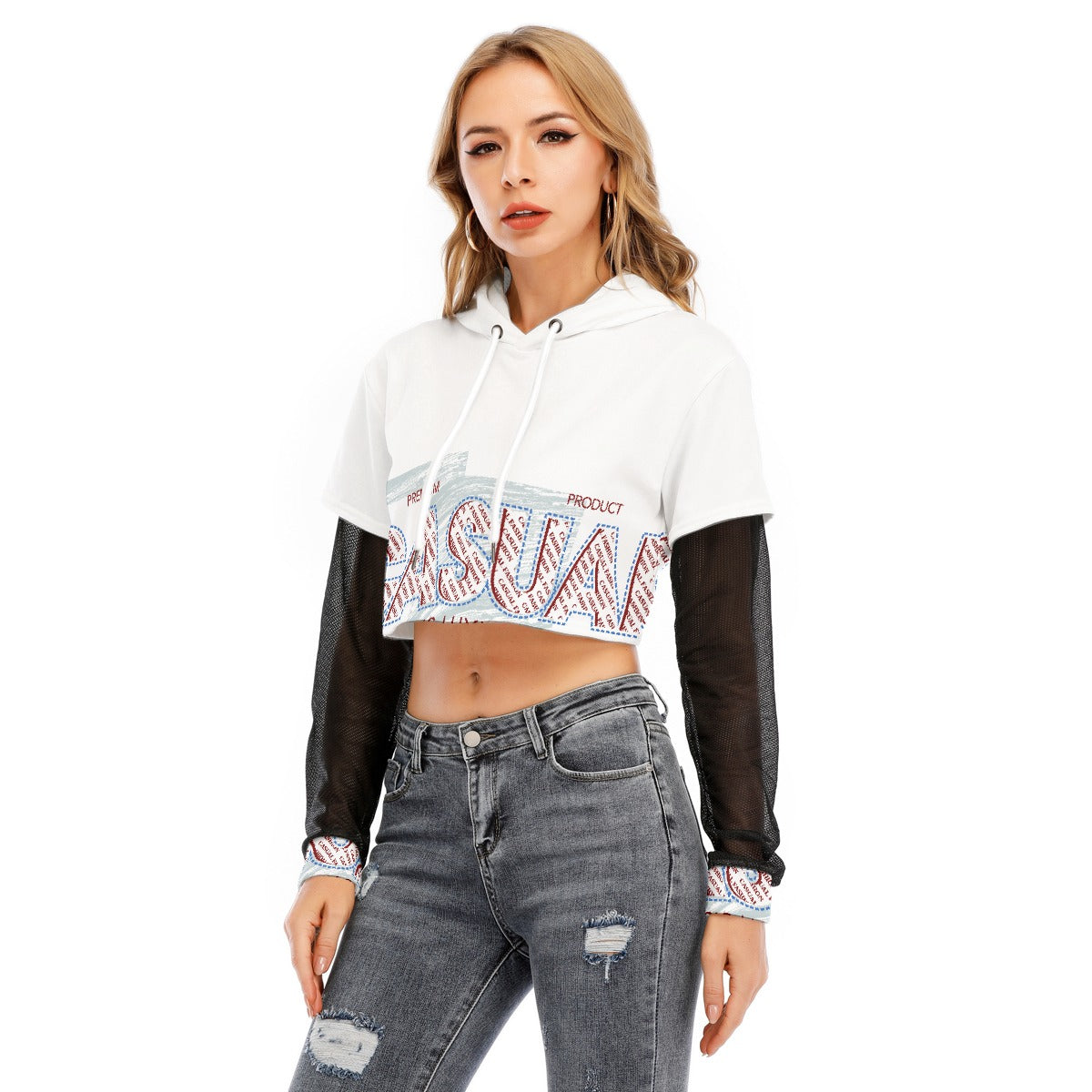 All-Over Print Women's Fake Two-piece Mesh Sleeve Cropped Hoodie
