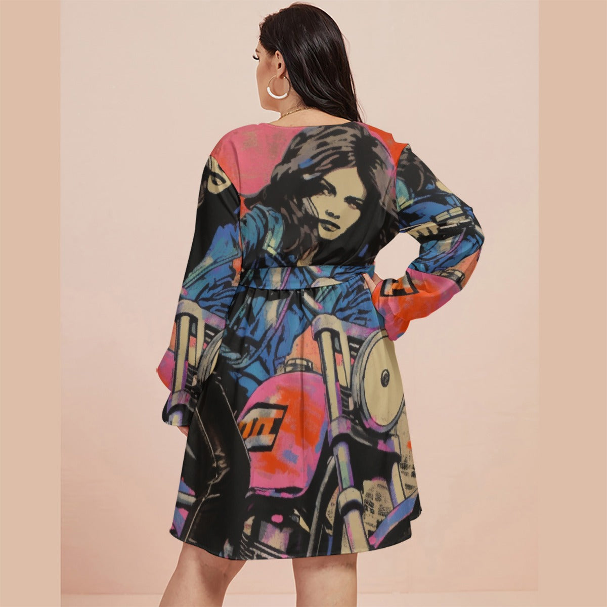 All-Over Print Women's V-neck Dress With Waistband(Plus Size)