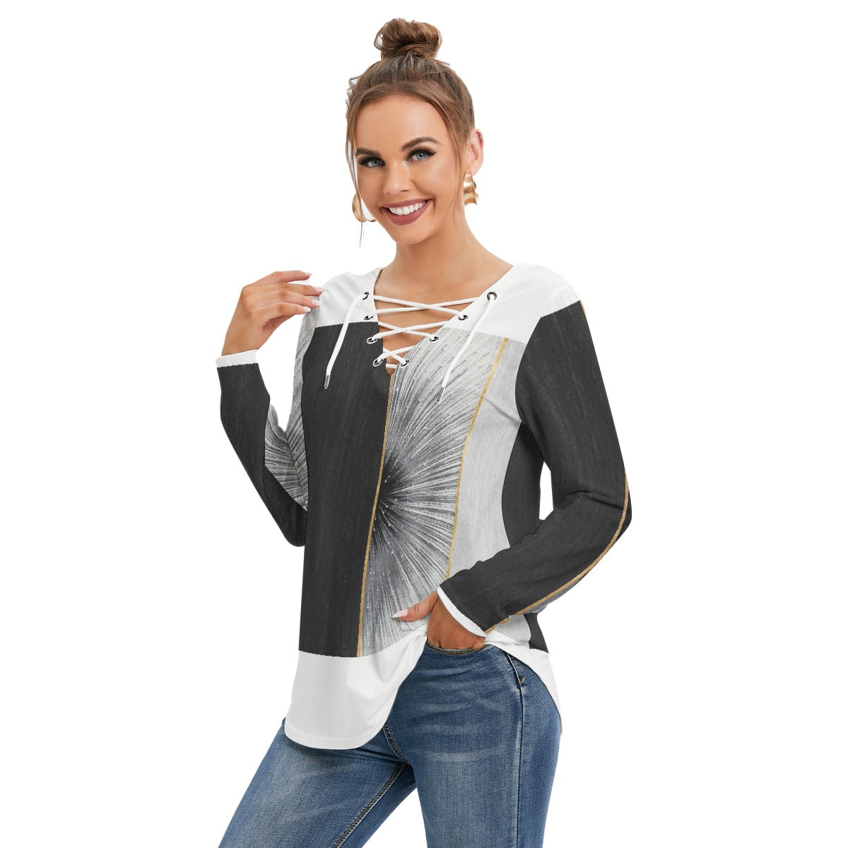 All-Over Print Women's Long Sleeve Neckline Tie Sweatshirt