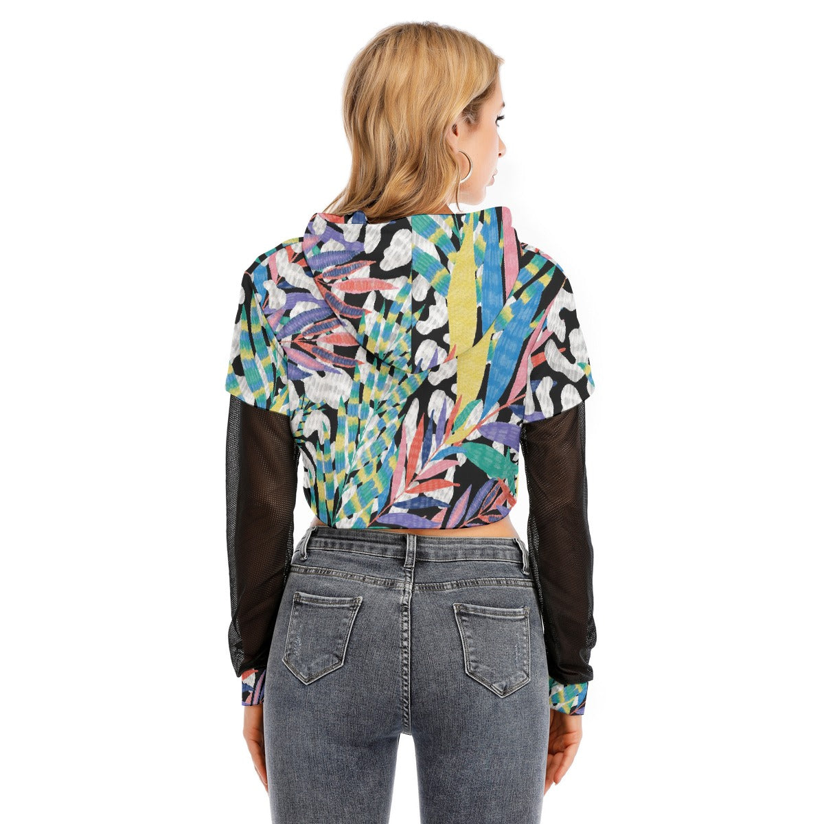 All-Over Print Women's Fake Two-piece Mesh Sleeve Cropped Hoodie