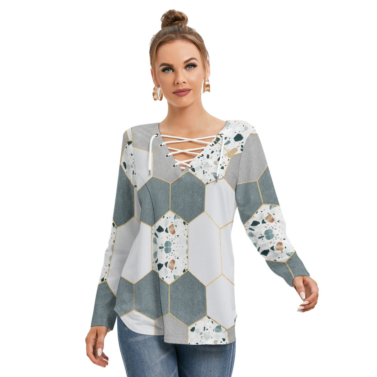 All-Over Print Women's Long Sleeve Neckline Tie Sweatshirt