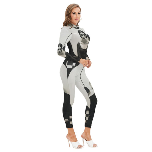 All-Over Print Women's Long-sleeved High-neck Jumpsuit With Zipper