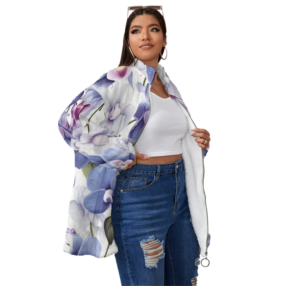 All-Over Print Unisex Borg Fleece Stand-up Collar Coat With Zipper Closure(Plus Size)