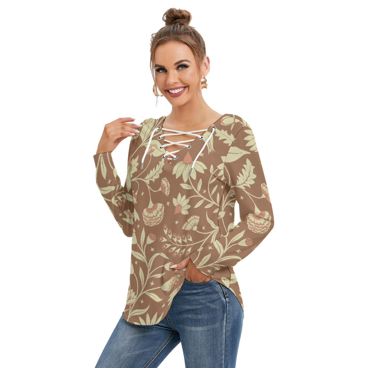 All-Over Print Women's Long Sleeve Neckline Tie Sweatshirt