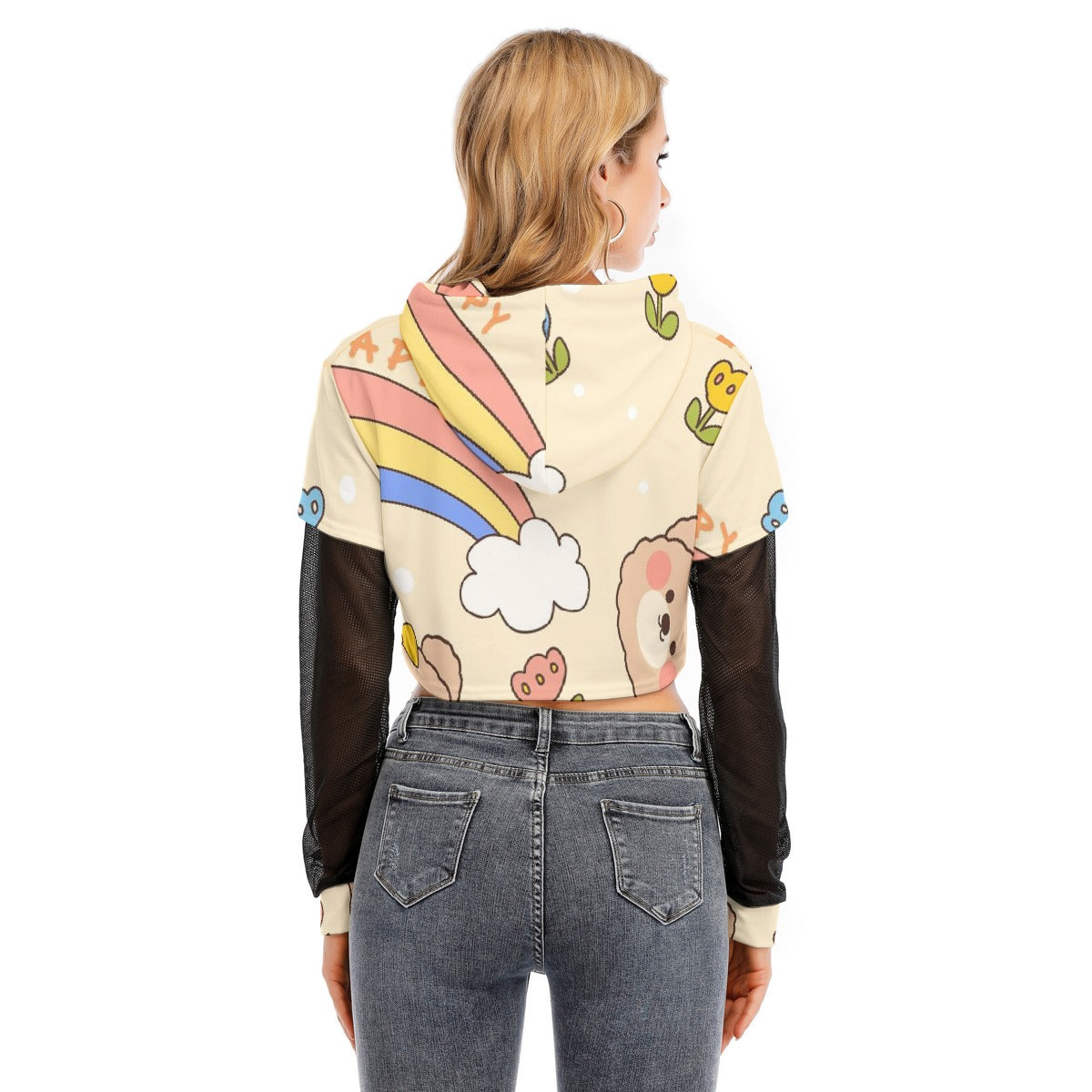 All-Over Print Women's Fake Two-piece Mesh Sleeve Cropped Hoodie