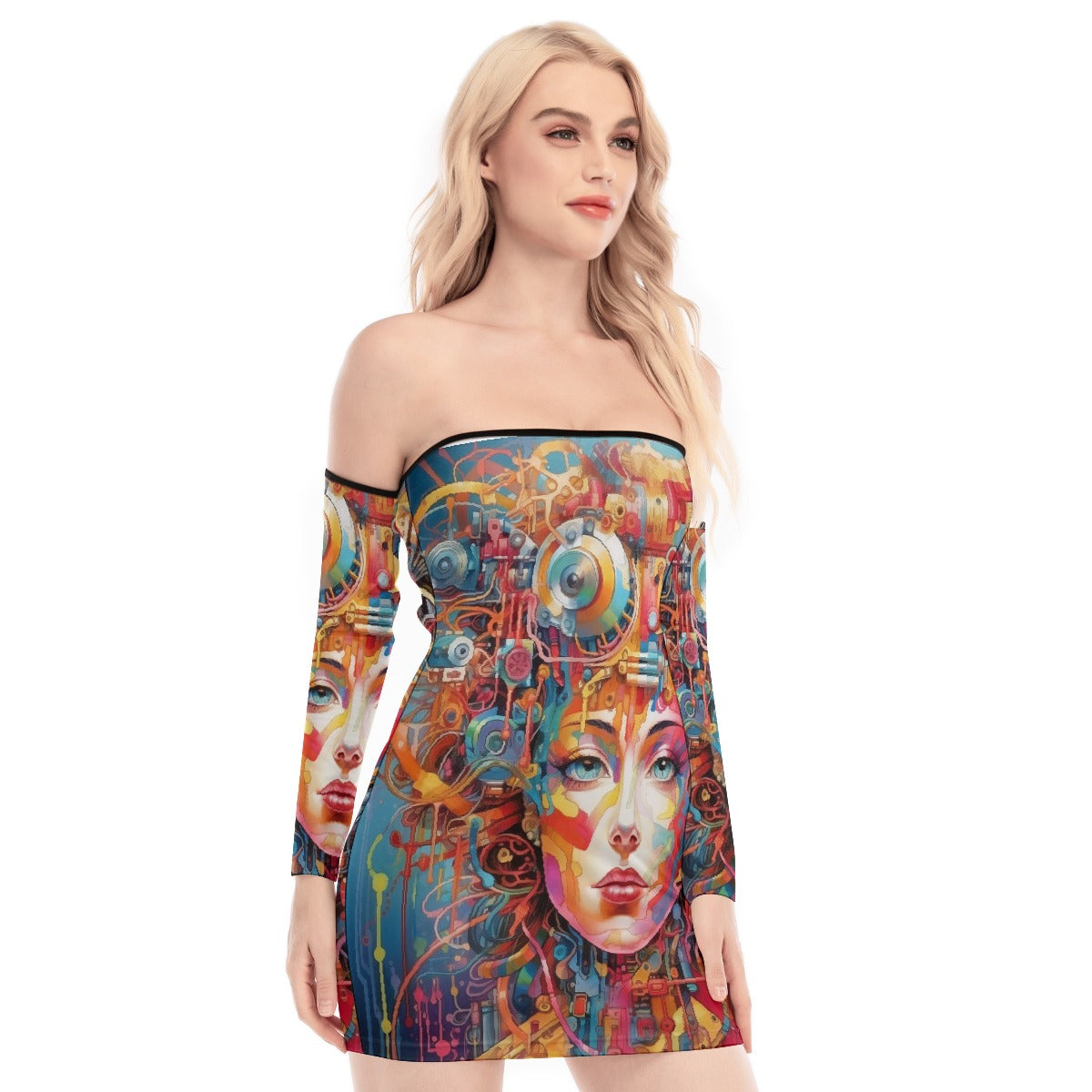 All-Over Print Women's Off-shoulder Back Lace-up Dress