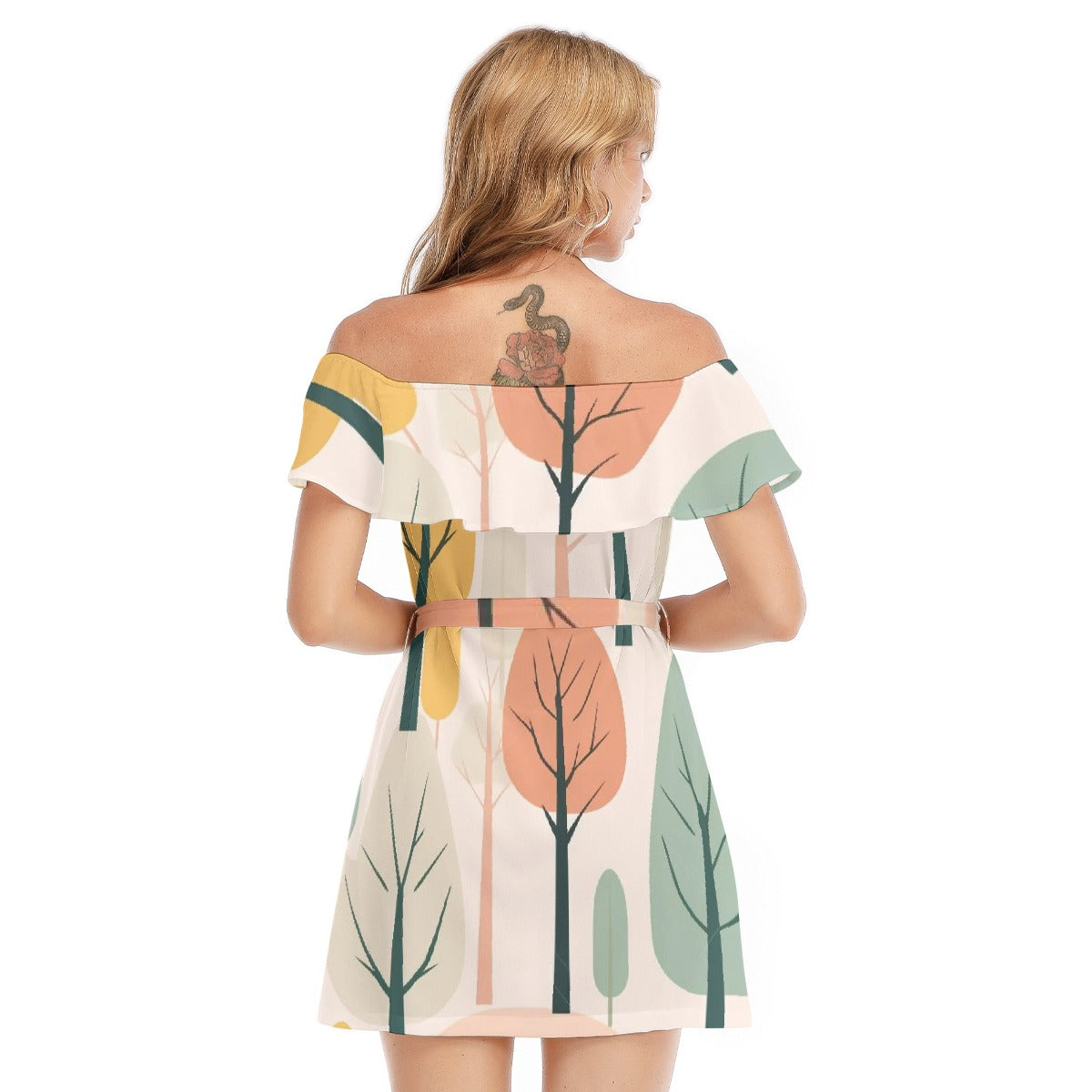 All-Over Print Women's Off-shoulder Dress With Ruffle