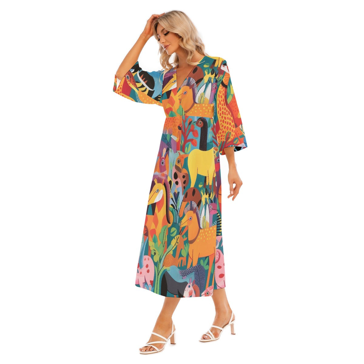 All-Over Print Women's Mid-Sleeve Long Dress
