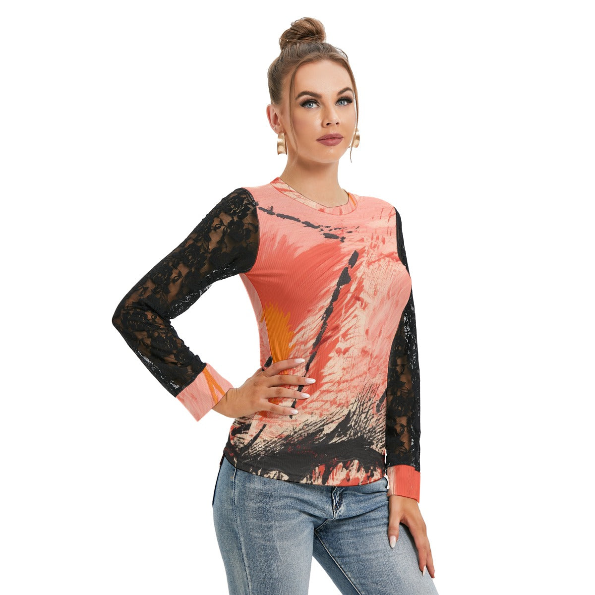 All-Over Print Women's T-shirt And Sleeve With Black Lace