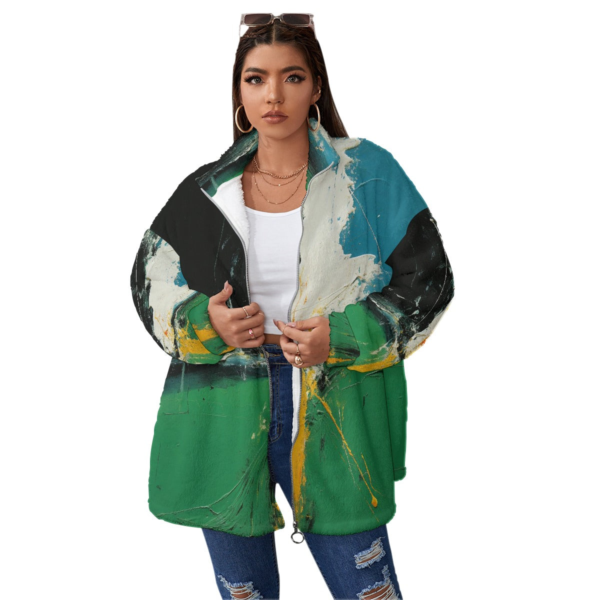 All-Over Print Unisex Borg Fleece Stand-up Collar Coat With Zipper Closure(Plus Size)