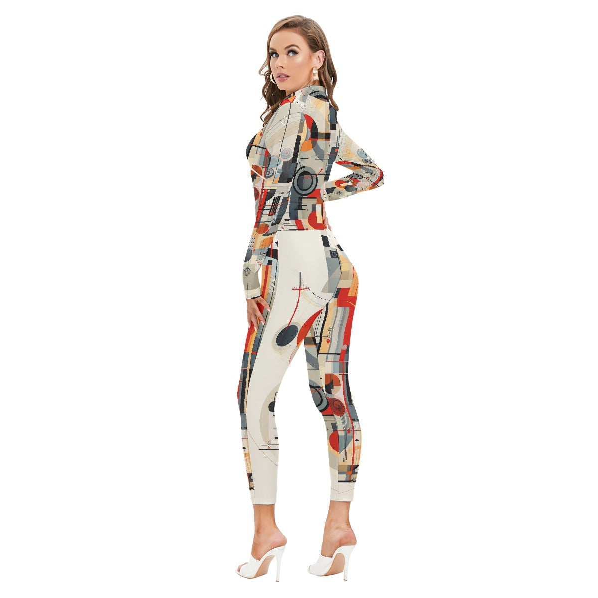 All-Over Print Women's Long-sleeved High-neck Jumpsuit With Zipper