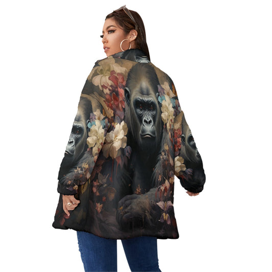 All-Over Print Unisex Borg Fleece Stand-up Collar Coat With Zipper Closure(Plus Size)