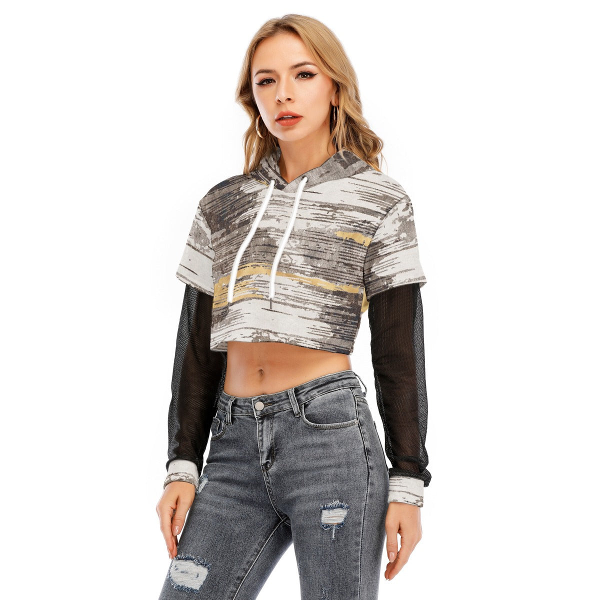 All-Over Print Women's Fake Two-piece Mesh Sleeve Cropped Hoodie