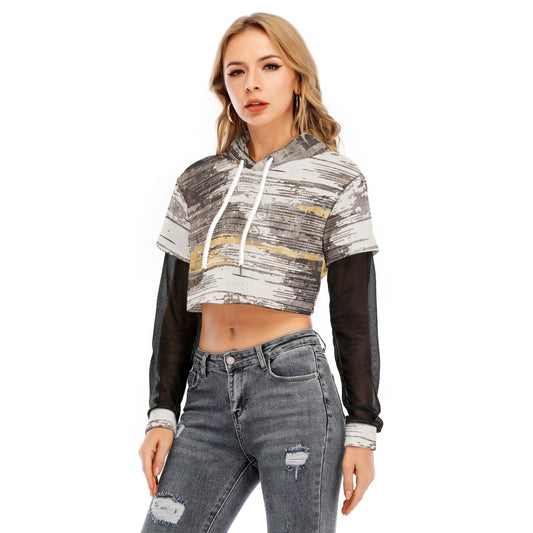 All-Over Print Women's Fake Two-piece Mesh Sleeve Cropped Hoodie