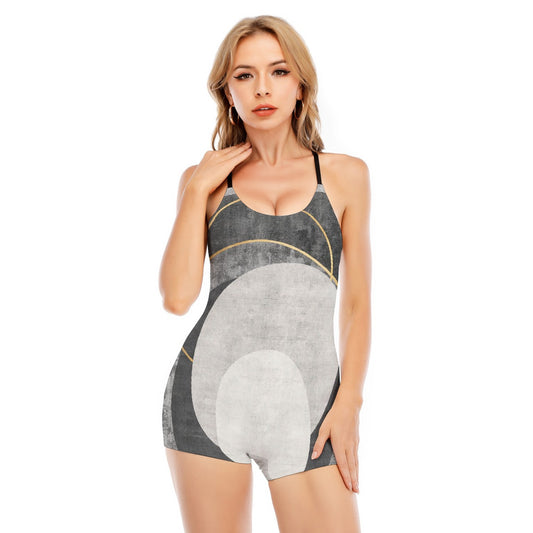 All-Over Print Women's Backless Romper With Black Straps