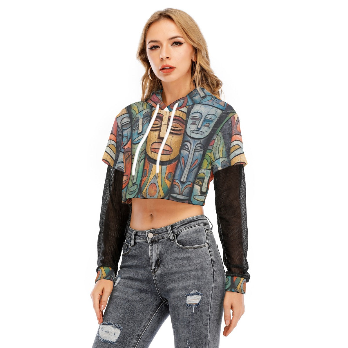 All-Over Print Women's Fake Two-piece Mesh Sleeve Cropped Hoodie