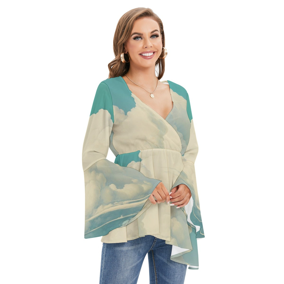 All-Over Print Women's V-neck Blouse With Flared Sleeves