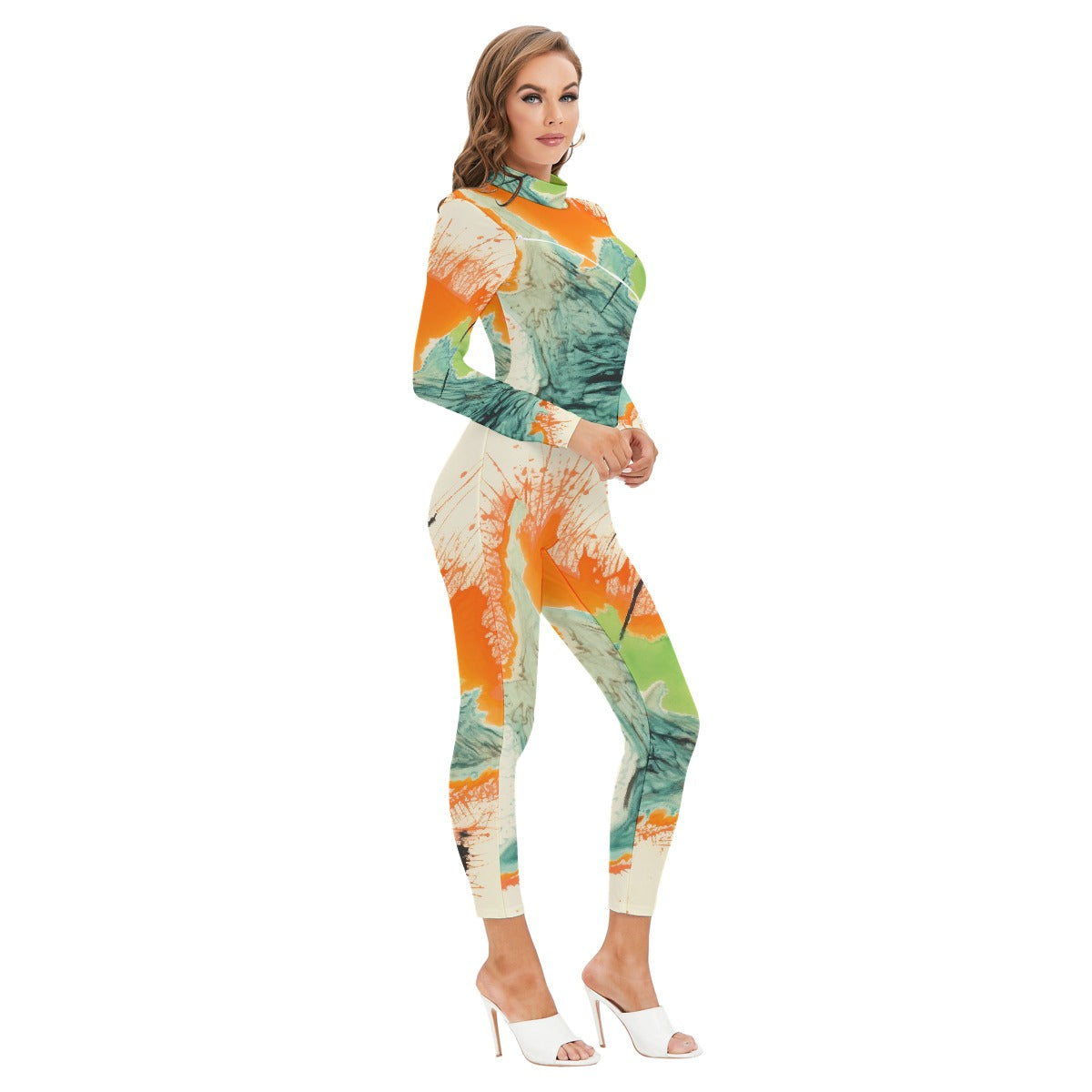 All-Over Print Women's Long-sleeved High-neck Jumpsuit With Zipper